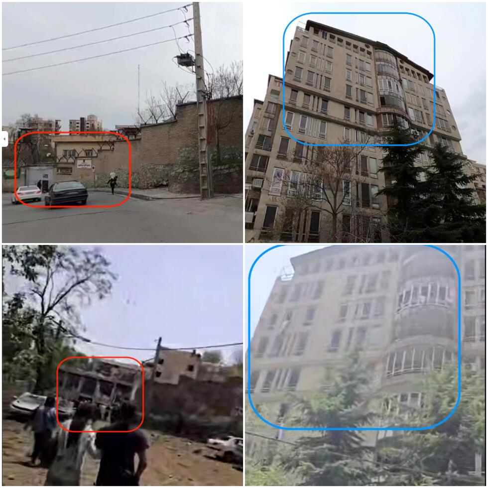 Một video khác từ cánh phía bắc của Nhà tù Evin cho thấy cuộc tấn công vào tòa án 'Kachouyi', được tô màu đỏ, và một tòa nhà gần đó được đánh dấu màu xanh lam (ảnh dưới). Các hình ảnh trên cho thấy cùng một tòa nhà trước khi bị tấn công, như trên Google Maps.